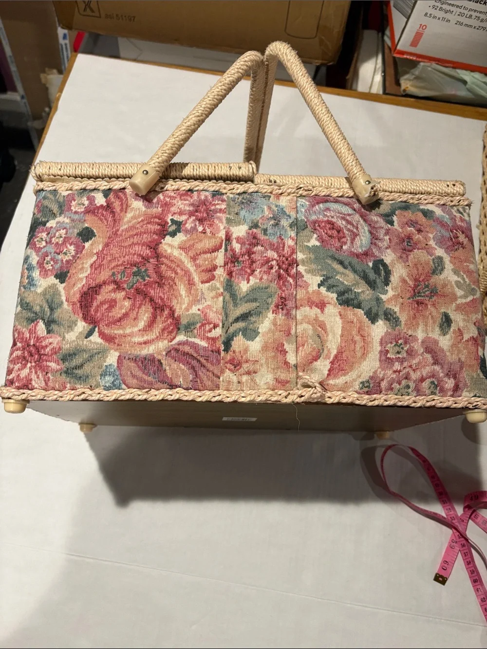 Azar Floral Pink and Green Woven Sewing Basket with Dual Handles
